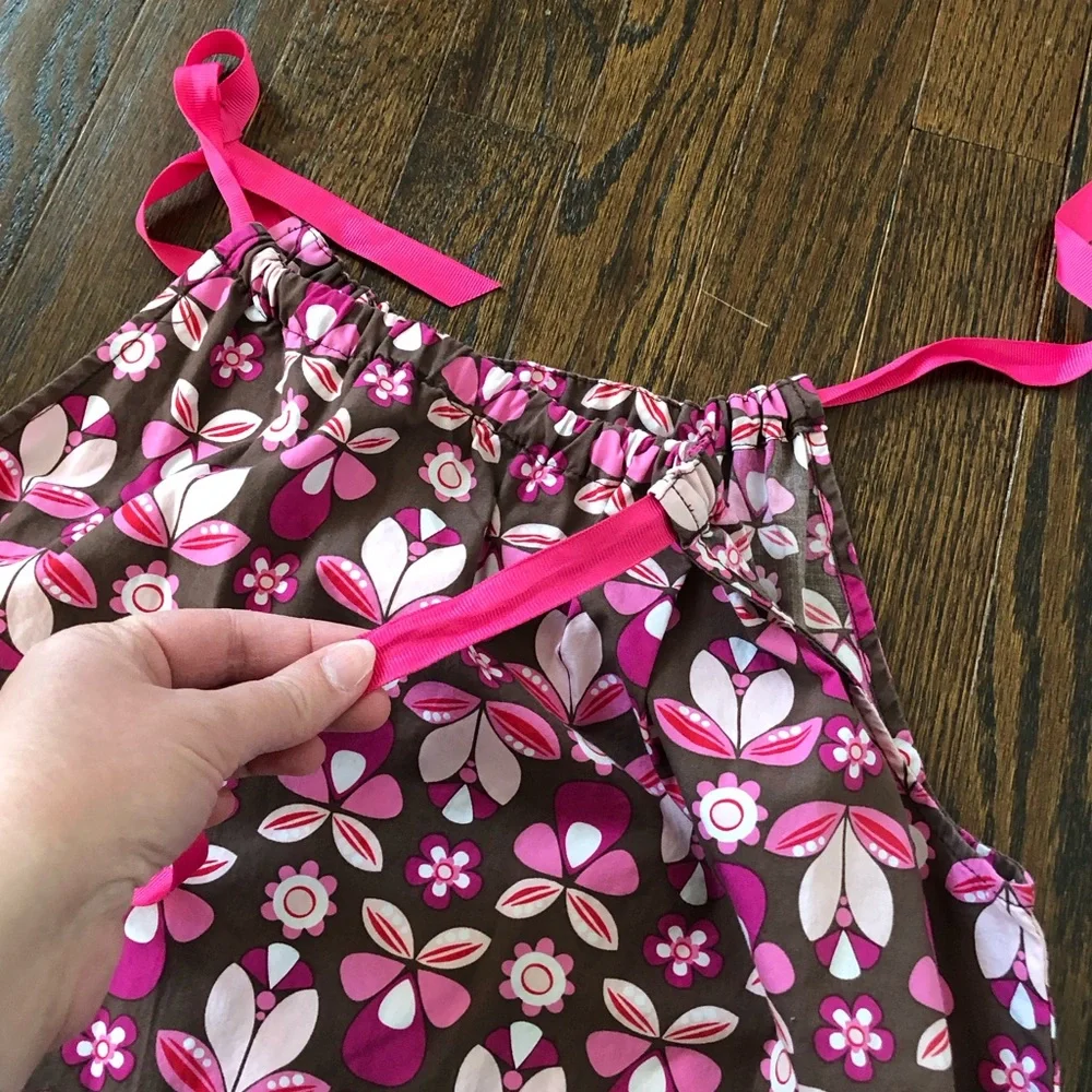 Hanna Andersson Girls 12 (150cm) Brown w/Pink Flowers Ruched Halter Shift Dress - Picture 7 of 11